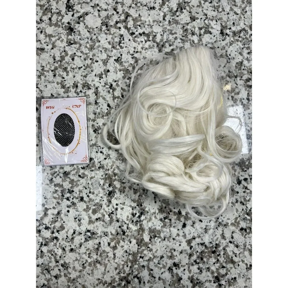Platinum Blonde Short Curly Anime Cosplay Wig 1920s Flapper Halloween + Net Cap
